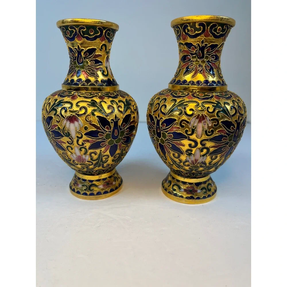 Vintage Cloisonne Enamel Floral Vases Pair Gold Navy Blue 6.25 Inch Decorative